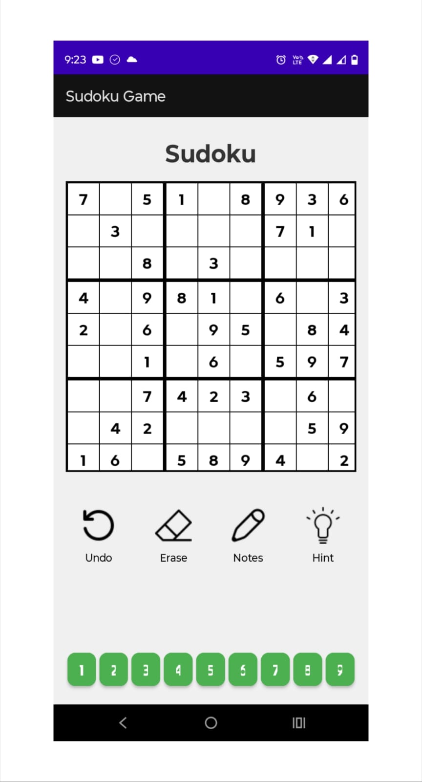 A partly solved Sudoku grid with undo, erase, notes and hint controls above a one-to-nine number pad.