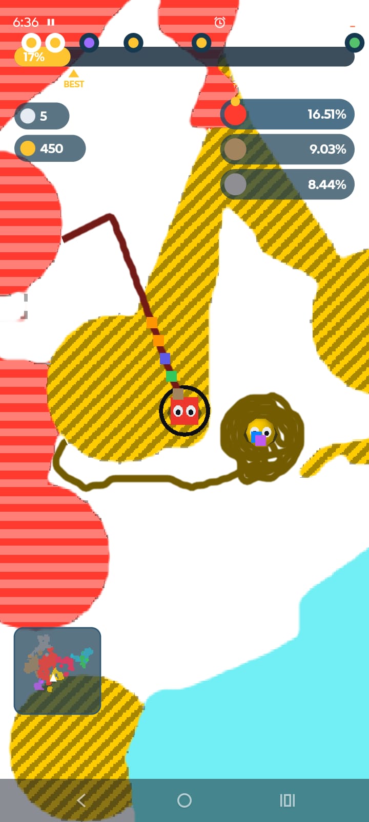 Gameplay with the player’s yellow territory expanding across the map against rival colours, a live percentage leaderboard and a minimap.