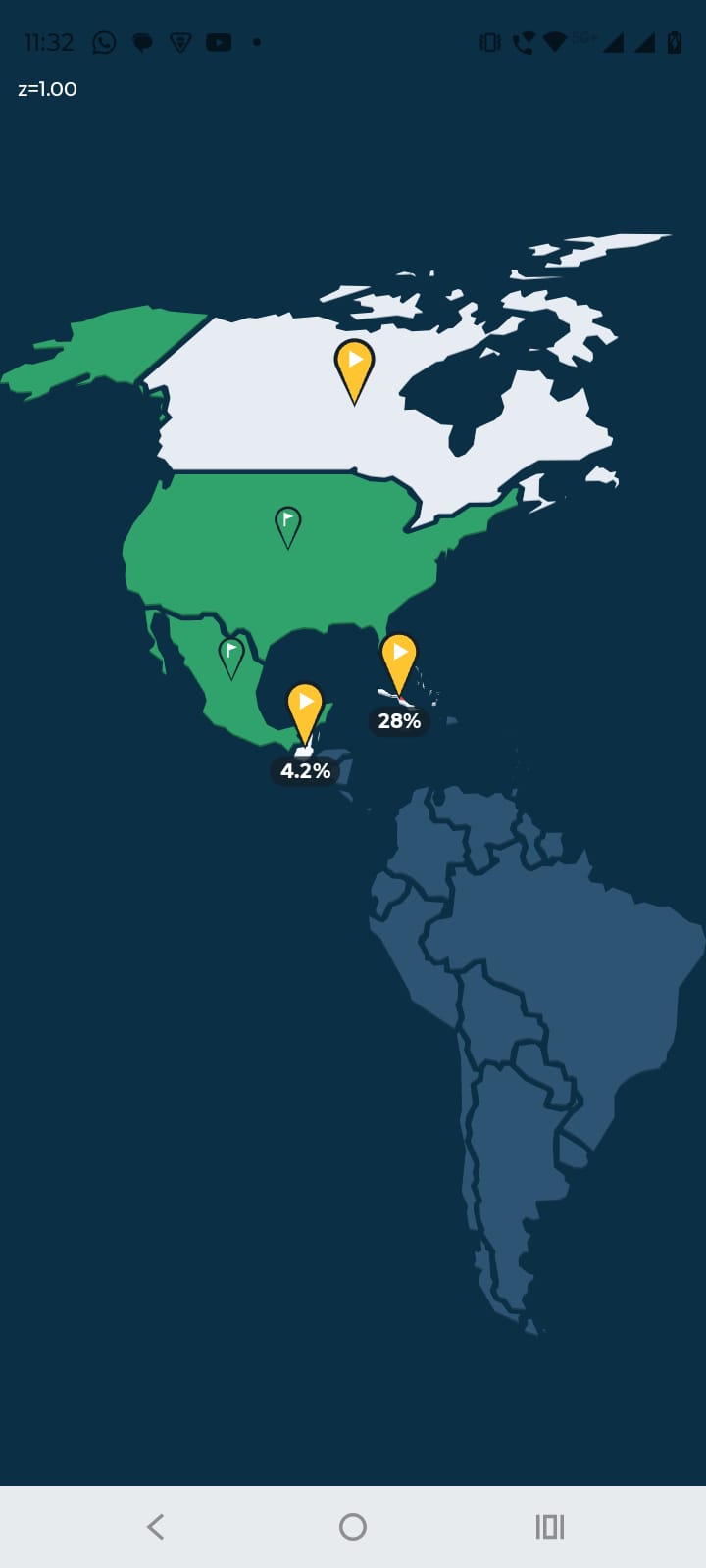 World map screen showing selectable regions across the Americas, with capture percentages marked on each.