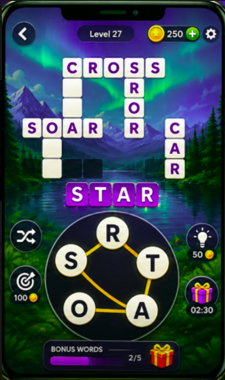 A crossword grid with the word STAR being spelled from a wheel of letters, over an aurora landscape background.