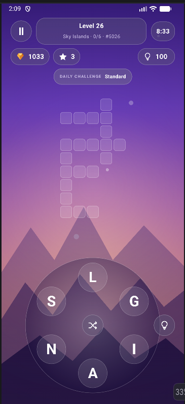 Daily challenge level with an empty crossword grid and a six-letter wheel, over a purple mountain background.